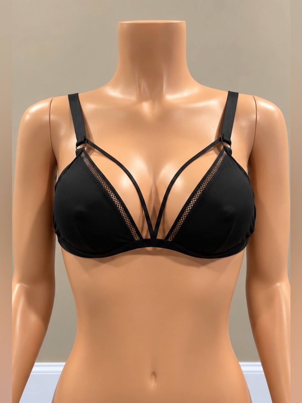 Aerie Black Strappy Plunge Bralette Mesh Trim Adjustable Strap Bra